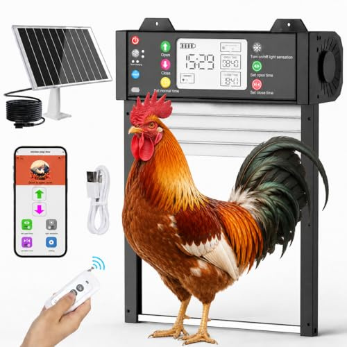 Automatische Hühnerklappe Solar mit App, Elektrische Hühnertür für Hühnerstall, WLAN, Türstatus erkennbar, Zeitschaltuhr, Lichtsensor, Einklemmschutz, LCD-Display, 4000 mAh Akku