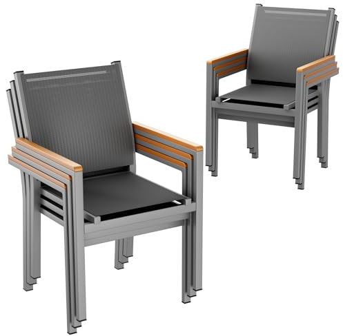 LIFERUN Gartenstuhl 6er Set, Aluminium, Stapelbarer Esszimmerstuhl Textilene, WPC Handlauf, Balkonstühle, für Terrasse, Balkon, Terrasse, Pool, Restaurants, Wetterfest, Grau, 6 pcs