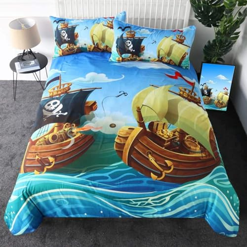 Bettwäsche 135x200 Cartoon-Piratenschiff, Kinder Jungen Maritim Bettwäsche-Sets aus Weiche Atmungsaktiv Microfaser, Wendebettwäsche Bettbezug 135 x 200 und Kissenbezug 80x80 cm für Einzelbett, Z10