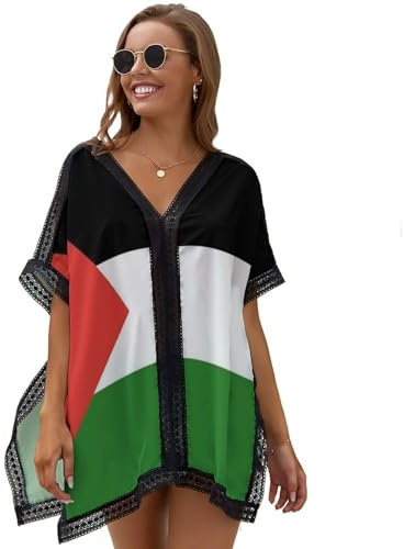 Pareo de playa con bandera de Palestina para mujer, vestido de playa con encaje y cuello en V para verano, salida de baño de bikini, Color1, Altoa única