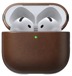 NOMAD Modern Leather Case für Airpods | Robuste Schutzhülle aus Polycarbonat und Echtleder | Gummierte TPE-Bumper | Airpods 4 | Brown