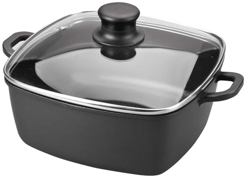 Casserole carrée en fonte d'aluminium de 28 cm avec couvercle en verre, idéale pour mijoter et sauter. Conçu pour une utilisation quotidienne en cuisine.