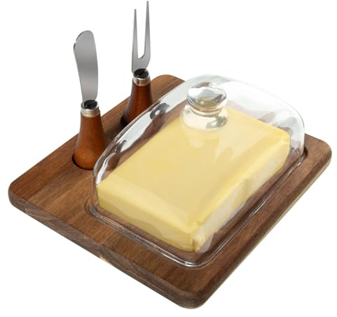 Guolich Beurrier avec couvercle et couteau, beurrier carré à la française, cloche à beurre pour 250 g de beurre, beurrier en bois d'acacia et en verre (20.3*17.8*6.6 cm)