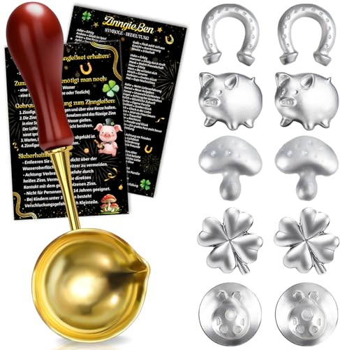 Zinngießen Silvester Spiele Set 2026 mit 10 Zinnfiguren und 1 Löffel, Glücksbringer Silvester Deko, Kinder Geschenke Neujahrsgeschenke Mitbringsel, Bleigießen Alternative, Neujahr Partyspiel