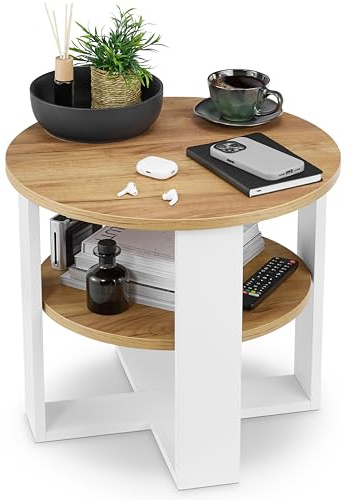 defiPad Couchtisch rund Ø53 cm mit Ablage, Weiß/Eiche | 18-mm-Möbelplatte, 2 Ebenen, in Europa gefertigt, pflegeleichte Oberfläche, stabile Konstruktion, einfache Montage