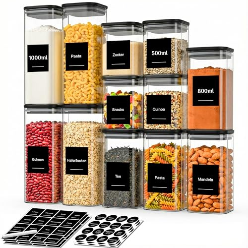 KEMDH 12er Vorratsgläser Luftdichte Glasbehälter mit Deckell, Vorratsdosen 500/800/1000 ml, Vorratsdosen, Mehl, Zucker, Müsli, Backzutaten, Küchenregal (Schwarz, 800ml/1000ml/1200mlx4)