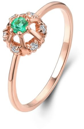Grewod Ring for Women 9K Rose Gold Crown Shape with Emerald Cubic Zirconia Wedding Anniversary Rings Jewellery Size V 1/2