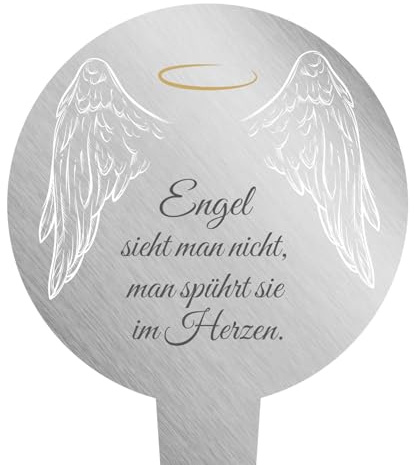 younikat Edelstahl Grabschmuck 12 cm rund Engel - you0224 | witterungsbeständig, Grabdekoration mit Spruch, Grab Deko, Grabstecker Rund, Erinnerung und des Vermissens
