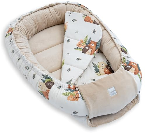 LOOLAY Babynest, Nestchen für Neugeborene – Baby Nestchen 91 × 63 cm mit Matratze, Tragbares Nest aus Samtvelours & Baumwolle (BEIGE Velour/Bärchen)
