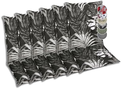 GO-DE Textil Bequeme und attraktive Polsterauflagen für Mittellehner-Gartenstühle (6er-Set, Blätter schwarz, Mittellehner)