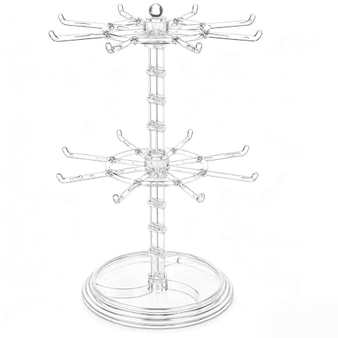 UKCOCO Rotating Jewelry Display Stand 2 Tier Keychain Holder Bracelet Organizer With Hooks For Home Office Transparent