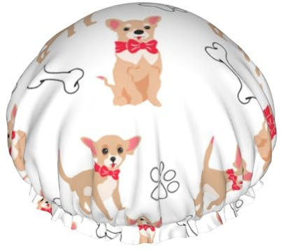 Chihuahua Cute Dogs And Bowl,Shower Cap Nightcap Double Layer Waterproof Elastic Bath Cap Reusable Hair Cap
