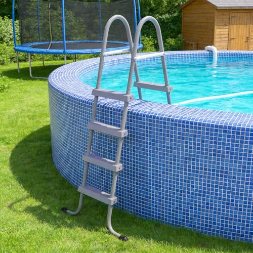 Suusolny 4 Stufen Eisen Poolleiter,Mit rutschfeste Trittstufe Wetterfest & Stabil,Bis 130 kg,für Aufstellpools mit Einer Höhe Bis 135 cm,Grau