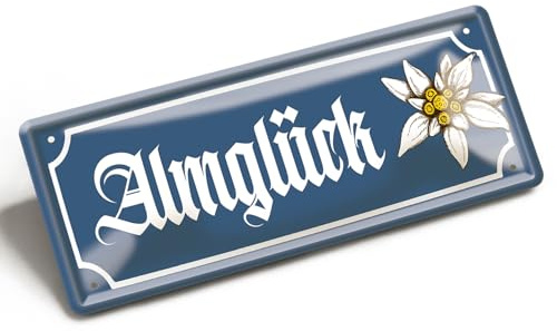 Retro Blechschild Almglück 28x12 cm | Vintage Metallschild Edelweiss | Wanddeko Hütte Alm Berghütte Skihütte | Nostalgie Schild Bayern Alpen | Emaille-Optik | Geschenkidee | Bayerische Deko