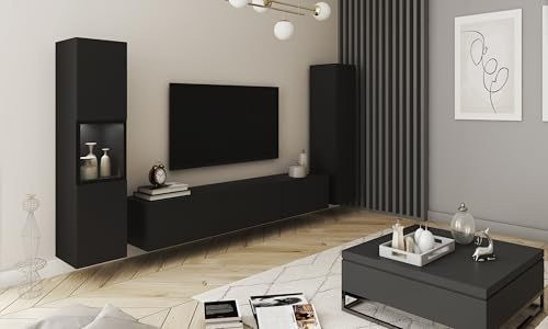 MINIO go for it - Wohnwand BRELA 3, 3-Teilig Set Wohnzimmermöbel mit LED | Hängend oder Stehend, Vitrine, Lowboard, Wandboard, Farbe: Schwarz matt - mit LED Beleuchtung