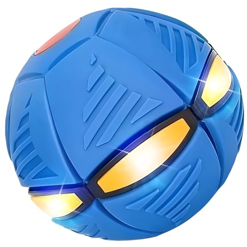 BOSREROY Platillo volador interactivo azul para mascotas, bola de disco de rebote automático para mini cerdos, perros, ovejas, transformable con 6 luces LED, bola interactiva de plástico elástico