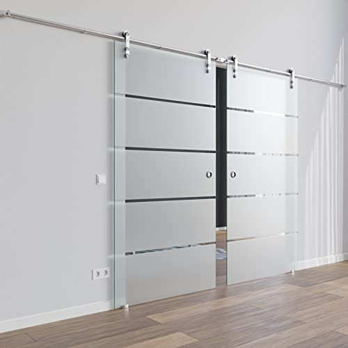 BP1-775A-DPL: Schiebetürsystem doppelflügelig ESG 2x775x2050x8mm Dekor P1, Siebdruck; Edelstahl Rollensystem SoftStop; Griffmuschel …