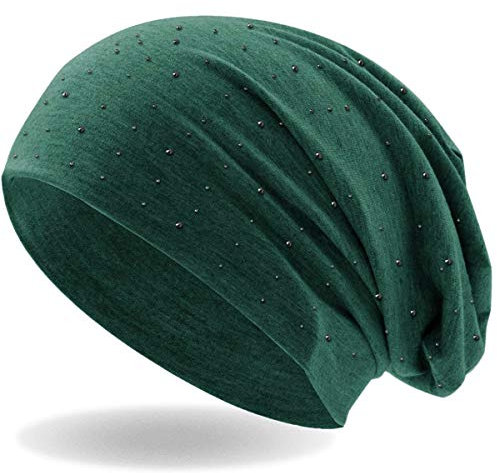 Hatstar Damen Beanie Mütze | mit edler Strass Nieten Applikation | Mädchen Mütze | elastisches Slouch Long Beanie | leicht und weich (grün meliert)