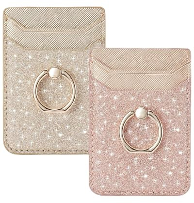 BIAJIYA Phone Wallet Credit Adhesive Cell Case Stick-on RFID Card Holder for Back of Phone for Most of Smartphones Rosegold + Gold