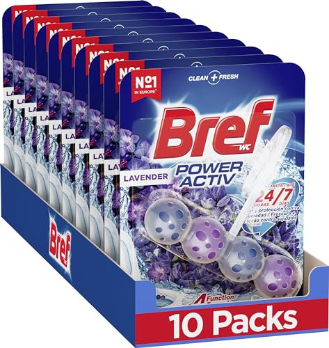 Bref Power Activ Lavanda Cesta WC - Limpia baño para un WC siempre limpio y fresco, limpiador de baños con fórmula antical que elimina la suciedad, pack de 10 unidades