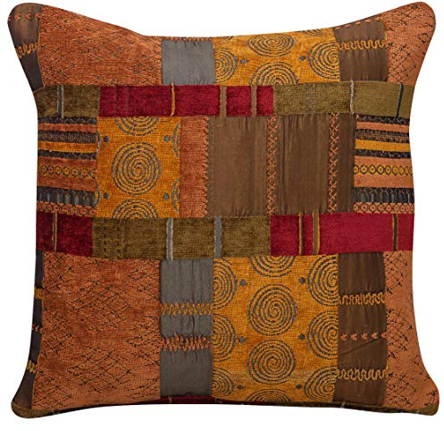 Moroccan Style Patchwork Cushion Cover. Double Sided. 17x17 Square Pillowcase. Rich red chenille, ethnic terracotta burnt orange faux sulk, tribal green. Heavyweight fabric. Handmade in the UK.