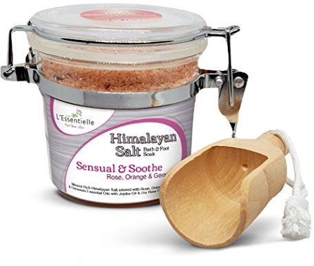 Himalayan Pink Bath Salt Soak 250g -Sensual & Soothe with Rose, Geranium & Orange Essential Oils, Jojoba Oil, Dried Rose Petals PET JAR with FREE WOODEN SCOOP