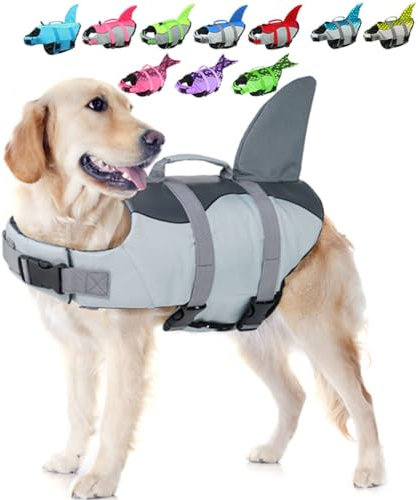 EMUST Hundeschwimmweste Hai, Ripstop-Hundeschutzweste mit Rettungsgriff für kleine, mittelgroße und große Hunde, Sicherheits-Schwimmanzug für Schwimmbad, Strand, Bootfahren, X-Large