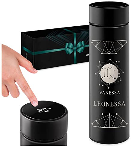 Maverton Thermos per Tè e Caffè - 450 ml - incisione personalizzata - acciaio inossidabile - 100% a prova di perdite - indicatore di temperatura - regalo Donna - segni zodiacali