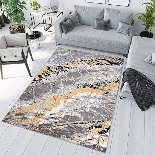TAPISO Maya Teppich Kurzflor Modern Gelb Grau Creme Meliert Streifen Splash Design Verwischt Wohnzimmer Schlafzimmer ÖKOTEX 200 x 250 cm