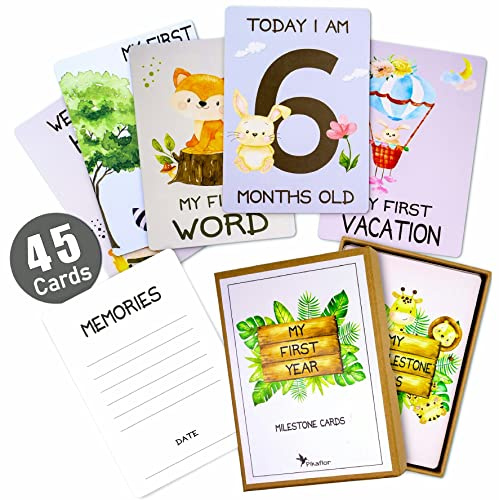 Pikaflor 45 milestone baby cards for boys and girls (cute animals english) milestone cards set + giftbox + nice gift for birthday, christening & babyshower