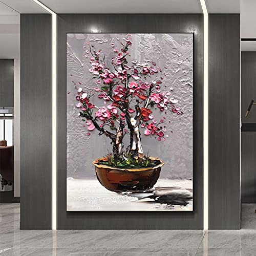 LCDIUDIU Ölbilder Auf Leinwand Handgemalt, Red Texture Fortune Tree Sakura Blumen Baum Topf Abstrakt Modern Original Rahmenlose Handgemalte Ölgemälde Auf Leinwand Für Familienwand Wohnzimmer Esszimm