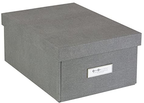 BIGSO KARIN kleine Aufbewahrungsbox mit Deckel – stabiler Organizer aus Faserplatte und Papier in Leinenoptik – praktische Faltbox mit Etikettenrahmen für extra Stauraum – grau