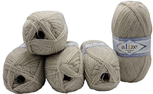5 x 100g Strickwolle Alize Lanagold 800 mit 49% Wolle, 500 Gramm Strickgarn einfarbig (sand 152)