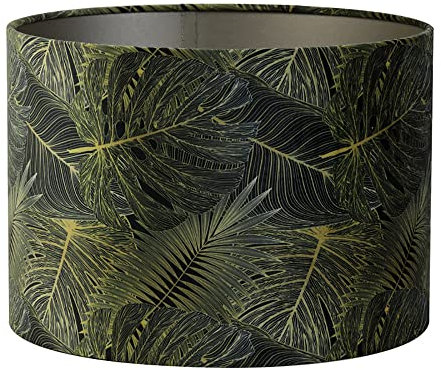 Lampenschirm Zylinder in Velours Tropical Grün Motiv Monstera Blatt für Tischleuchte Tischlampe 30-30-21