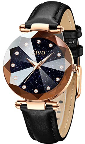 CIVO Damen Uhr Wasserdicht Sternen Lederarmband Elegant Beiläufig Quarzuhr für Damen Schwarz