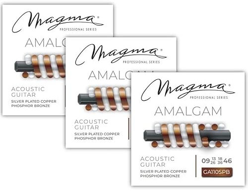 3 Juegos de Cuerdas Magma para Guitarra Acústica Amalgam de Cobre Plateado y Bronce Fosforoso - Tensión Extra Liviano (Extra Light) - Calibre 09-42 (GA110SPB) - 3 Sets