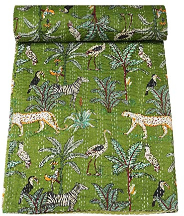 Marubhumi Traditionelle indische Kantha-Steppdecke, reine Baumwolle, Dschungel-Druck, Bettüberwurf, Tierdruck, Kantha-Steppdecke, mehrfarbig (Mehandi, Doppelbett (152,4 x 228,6 cm)