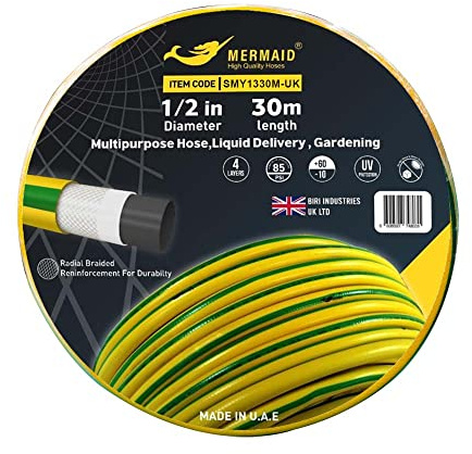 Reinforced Garden Hose 1/2 Inch 30 Meter | Radial Braided Multi-Purpose Kink Resistant Master Hose | 4 Layers Hose UV Protected Watering Hose for Gardens, Lawns and Other Watering Purposes - Yellow