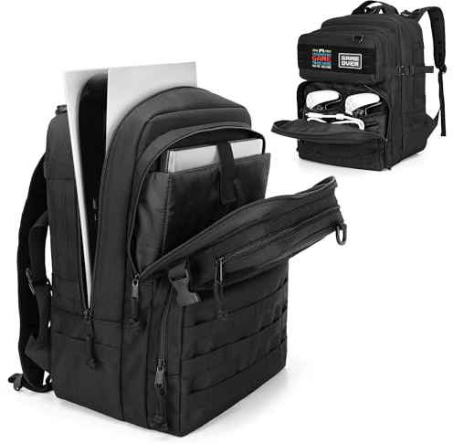 PGmoon Taktischer Gaming-Rucksack Kompatibel mit PS5/PS4-Konsole, Reise-Tragetasche für 15,6 Zoll Laptop, Tragbarer Monitor, Controller, Headset und anderes Spielzubehör, Schwarz/Weiß, Rucksack