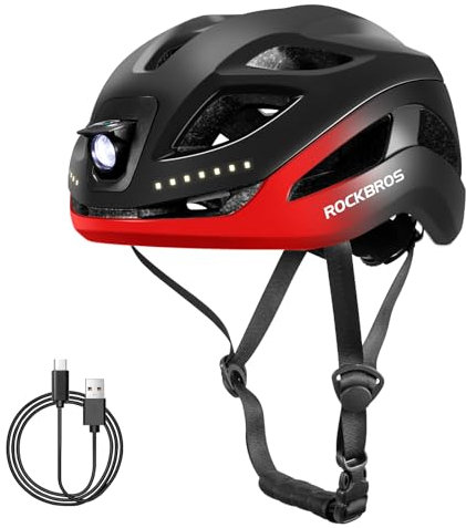 ROCKBROS Fahrradhelm mit Licht, MTB Helm Herren Damen mit USB 1800 mAh Atmungsaktiv 58-60 cm Schwarz Rot