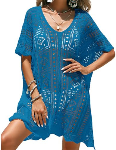 QUNERY Robe de Plage Femme Ete Crochet Bikini Cover Up V-Cou Cache Maillot Bohème Beachwear Bleu