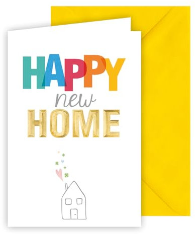 KE - Glückwunschkarte zum Umzug, Einzug, Richtfest, inkl. Umschlag, DIN B6 Format, Umzugsgrüße für neues Heim, gelb, Motiv: kleines gezeichnetes Haus - Happy Home