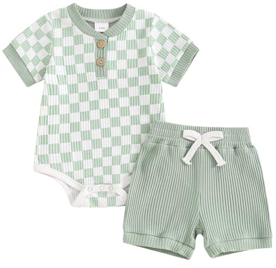 PanLidapan Newborn Baby Boys Summer Bodysuit Outfit Checkerboard Short Sleeve Romper Set Elastic Waist Drawstring Shorts 2Pcs Clothes Set (Light Green, 12-18 Months)