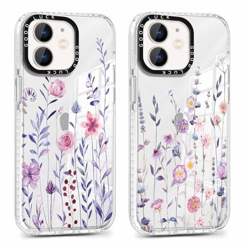 Foonary 2 Pack Clear Print Phone Case for iPhone 11 6.1, Soft TPU Silicone with Purple Flowers Design Aesthetics Transparent Pattern Cases, Shockproof Bumper Protector Floral Cover Girls