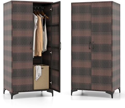 KOMFOTTEU Armoire d’Extérieur en Rotin avec 5 Étagères & 1 Tringle de Suspension, Armoire de Rangement avec doubles Portes, Meuble de Rangement Extérieur & Intétieur, 72 x 50 x 157 cm (Marron mélangé)