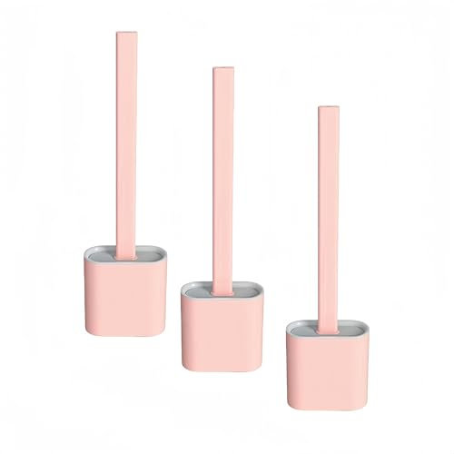 Brosse de toilette avec support, brosse de nettoyage flexible au sol/au mur, long manche en silicone, ensemble d'outils de nettoyage pour la maison, les toilettes (3, rose)