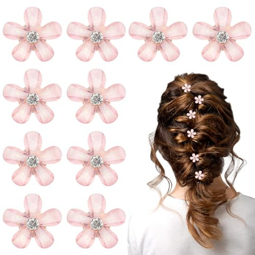 10 pezzi Mini fermagli per capelli a forma di fiore, graziosi fermagli per capelli con strass, piccole mollette per capelli, per donne e ragazze, dolci mollette per feste quotidiane, matrimoni (rosa)