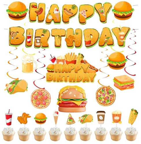 32 Stück Fast-Food-Party-Dekorationen, Pommes Frites, Pizza, Hamburger, gebratenes Huhn, Hot Dog, Partyzubehör, Geburtstagsbanner, Cola, Luftballons, Pommes Frites, Kuchendekoration, Kaffee,
