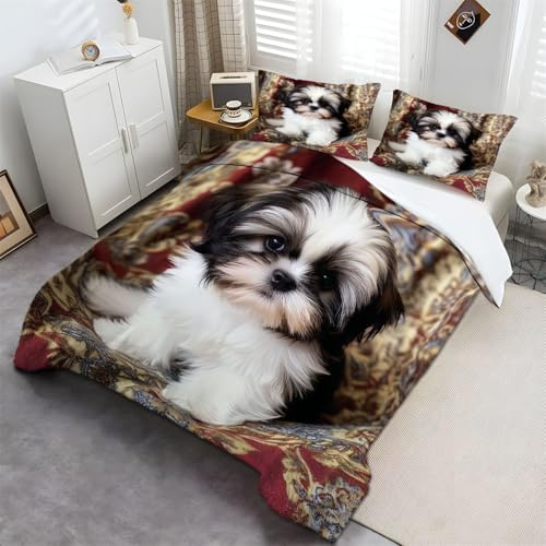 Bettbezug für Herbst und Winter 135 x 200 cm Bettwäsche-Set Deluxe Süßer Shih Tzu-Welpe Mikrofaser Weiche Bettbezug mit Reißverschluss und Kissenbezüge Schwarz und Weiß