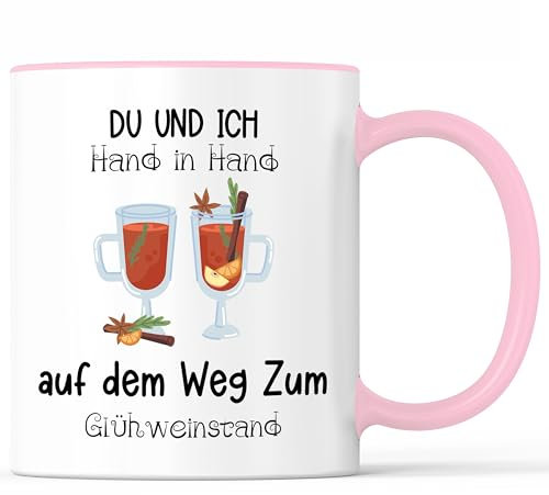 Tasse mit Spruch Glühwein Tasse Becher Glühweinstand Weihnachtsmarkt - lustiges Geschenk - Kaffeebecher als Geschenkidee - Kaffeetasse 330ml - Weiss-Rosa